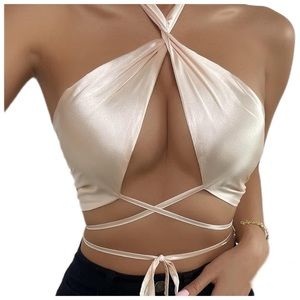 Champagne Crisscross Tie Front Shirred Back Twist Satin Halter/ crop/rave top